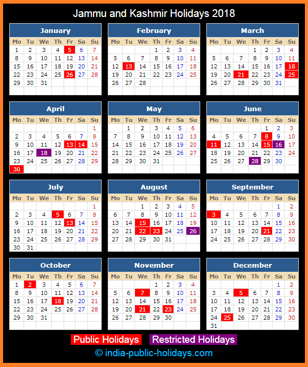 Jammu and Kashmir Holiday Calendar 2018